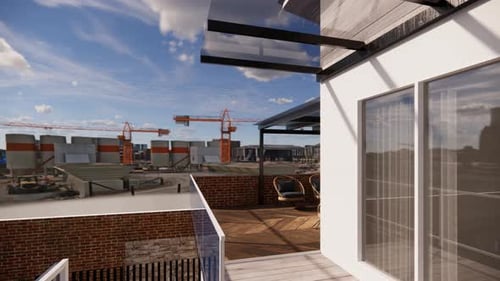 Balcón del edificio con vista al sitio de construcción