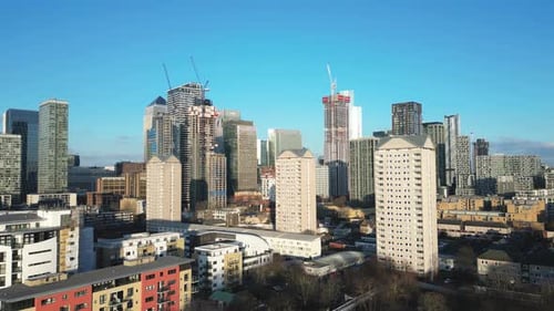 Commercial financial centre of East London, Canary Wharf. Drone riser