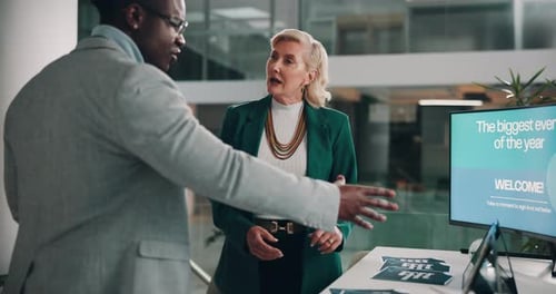 Conference, conversation and introduction with business people in office together for tradeshow