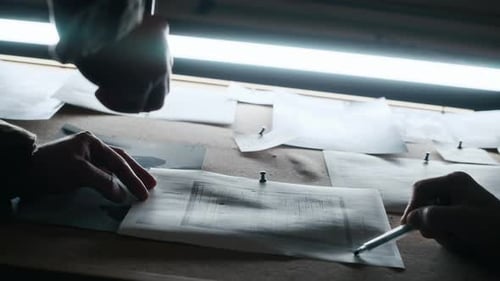 Hands of Military Agents Discussing Plans and Blueprints in Command Center