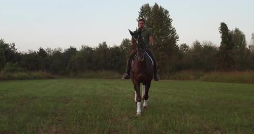 Slow motion of young carefree male is riding a purebred brown horse in nature on a sunset.
