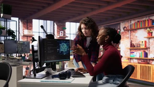 Teamworking Engineers Coding Advanced AI Algorithm in Startup