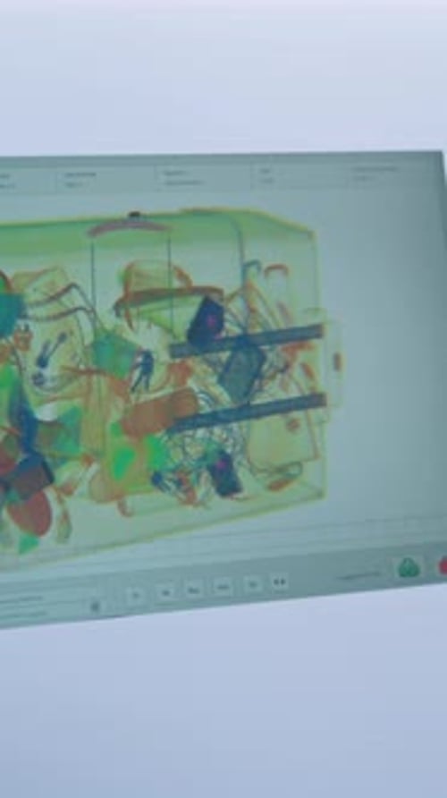 Back View of Security Officer Monitoring Baggage Xray Scanning on Computer Screens