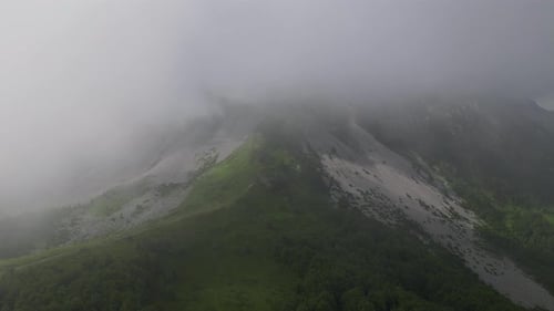 Beautiful mountain peaks in the clouds surrounded by a dense green forest. Alpine atmosphere.