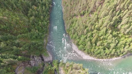 Vista aérea de un río turquesa que fluye a través de un exuberante bosque verde, que muestra la belleza de la naturaleza