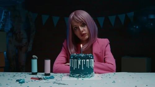 Sad Woman at Lonely Birthday Party with Cake