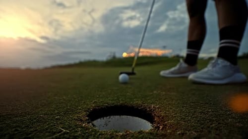 Athletic Woman at Golf Course Playing Game and Hitting Ball in Hole with Club