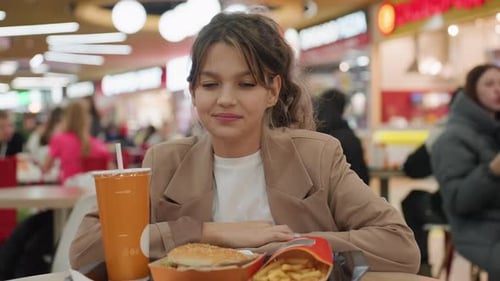Teen Girl Posing with Fast Food in Food Court