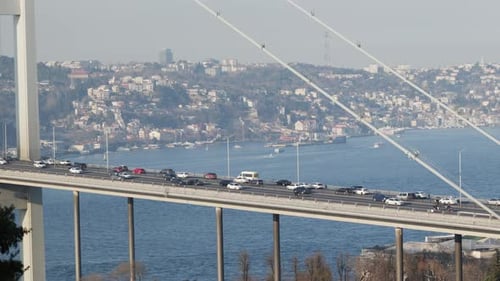 car traffic on the bridge over the Bosphorus Strait in Istanbul, Turkey