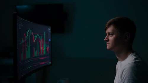 Young Adult Analyzing Stock Market Data on Computer