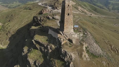 AERIAL Ancient Stone Towers Medieval Castle on a Mountainside