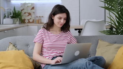 Happy Attractive Girl Working Office Work Remotely From Home Woman Using Laptop Computer Distance