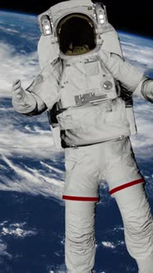 Astronaut Spacewalk, waving his hand in the open space.