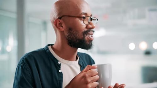 Office, talking and business black man with coffee for break, relaxing and rest in workplace