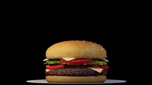 3D render. A burger on a plate rotates 360 degrees on a black background.