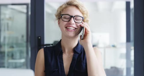 Woman, smile and phone call at business company or office network or corporate contact