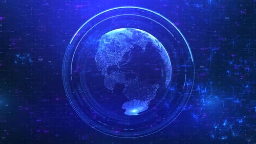 Футуристический цифровой глобус с интерфейсом HUD и визуализацией больших данных на фоне синих технологий