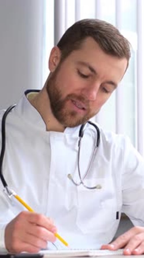 Male Doctor Writes in Notepad at Hospital