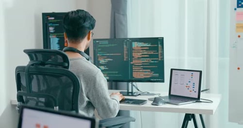 Group Adult Asia male, female freelance typing write prompt AI bot IT app smart program nomad.