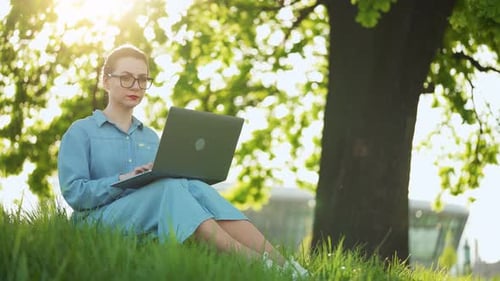 Busy Attractive Woman Working at the Laptop As Sitting on Grass in City Park