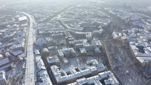 Aerial Old town square in the city of Krakow in winter during Christmas.