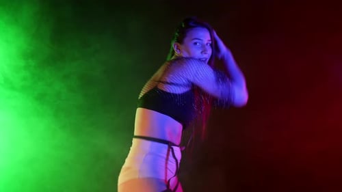 Hot Performance Sexy Dancer Woman Twerking bodySeductive Dance in Neon Studio