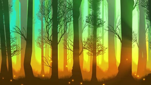 Yellow Sunrays Through Parallax Forest And Fireflies