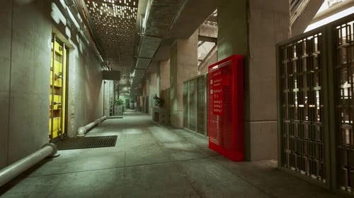 Modern Industrial Building Hallway Walkthrough with Animated Sign