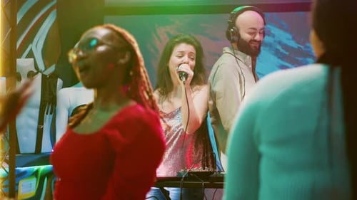 Nightclub Singer Performing with Dancing Crowd
