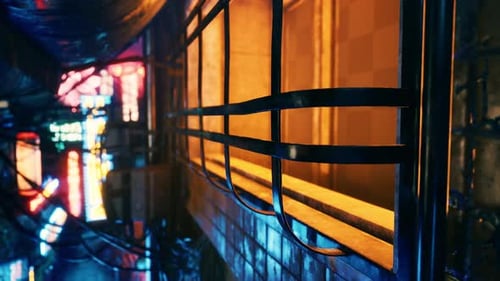 Small Street with Neon Restaurants at Night