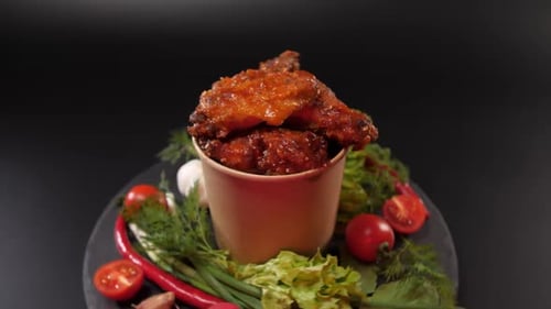 Spicy Chicken Wings Doused in Sauce Swirl in a Paper Bucket