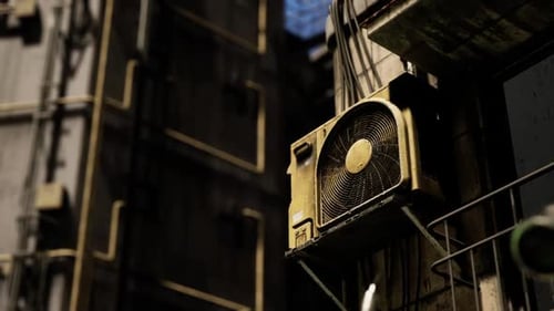 Old Air Conditioning Unit Mounted on a Weathered Building Exterior