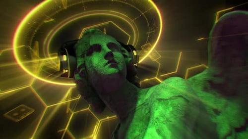 Cyberpunk Statue Wearing VR Headset with Neon Music Visuals