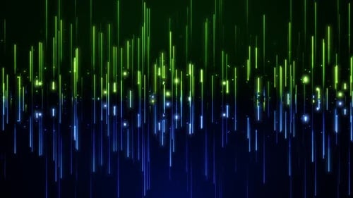 Abstract digital background with glowing neon particles flying up and down. movement of a stream