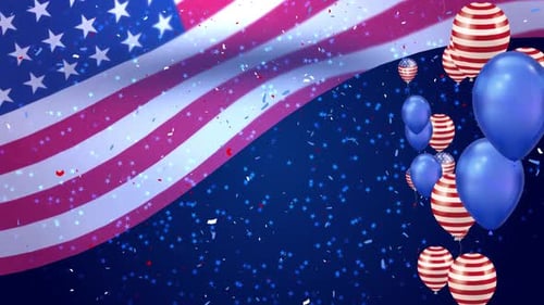 Animated US Flag Background with Festive Balloons and Confetti