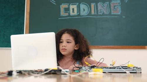 Attractive african student programing system while looking at camera. Pedagogy.