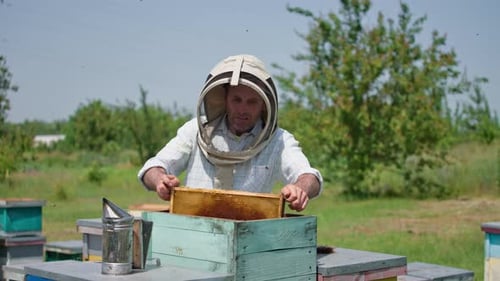 Mann im Schutzanzug, der im Bienenhaus arbeitet. Beekeeper arbeitet mit Honeycomb
.