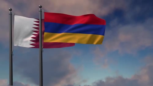 Qatar And Armenia Flags Waving Together In Sky