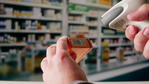 Scanner Scan Delivery Box in Pharmacy Drug Store Storage Ecommerce Shop Man Packing Goods and