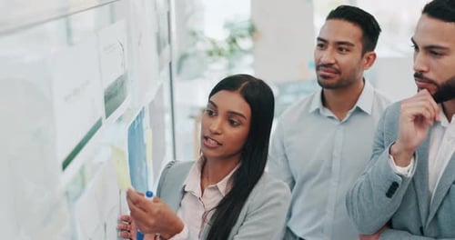 Business woman, coaching and planning in team brainstorming, strategy or schedule meeting at office