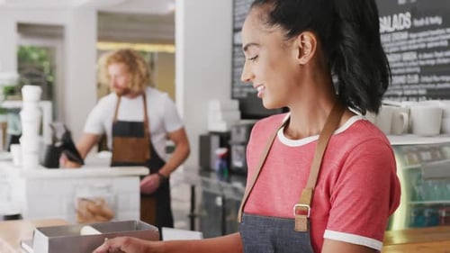 Portrait of happy biracial female barista, smiling behind the counter in cafe