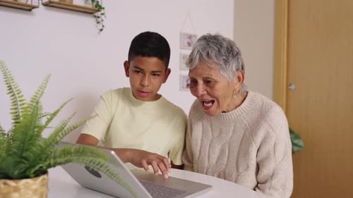 Teen Boy Helping Senior Woman Use Laptop