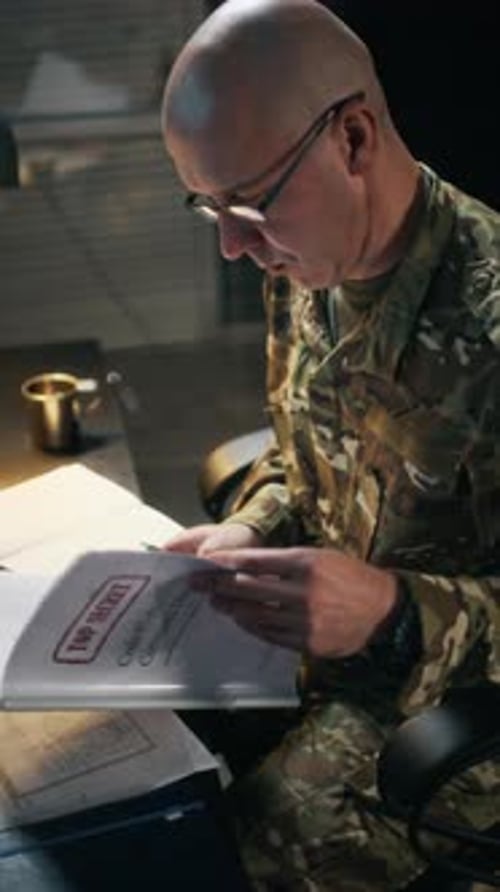 Adult Commander Working with Top Secret Documents in Command Hub