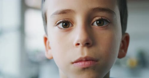Close up portrait of a little boy with brown eyes looking in the camera on kitchen background. Sho
