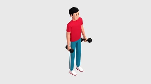 Isometric Low Poly Character Doing Dumbbell Bicep Curls Animation