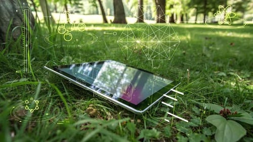 Digitales Tablet mit wissenschaftlichen Daten und Bildung in einer natürlichen Umgebung