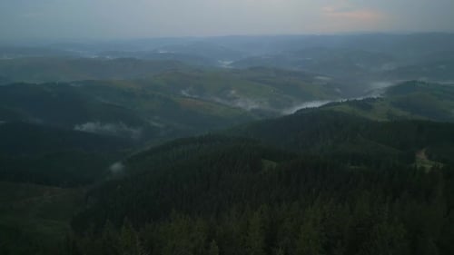 Flying Over Green Forest at Cloudy Day with the Mountains on Horizon with Glowing Clouds Carpathian