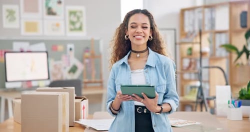 Woman, boxes and tablet for logistics, e commerce and stock management, online shop