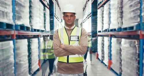 Industry, crossed arms and man in a busy warehouse for inventory, stock check or distribution