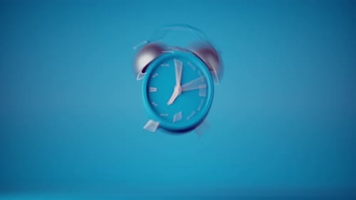 3D Blue Alarm Clock Spinning and Bouncing Animation